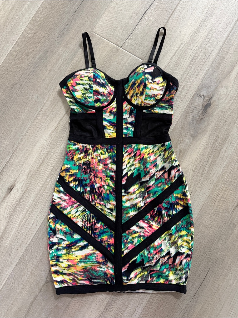 Multicolor Bustier Bodycon Dress with Black Paneling